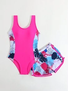 SHEIN Tween Girl Swimsuit/One-Piece Swimsuit/Printed With Ruffles/ 2pcs Set - Multicolor - View 4