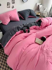 3pcs/Set Dorm/Bedroom Bedding Set, Including 1pc Duvet Cover & 2pcs Pillowcases, No Filler, Pink & Dark Grey, Machine Washable, Back To School Bedding