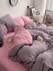 3 件套宿舍/卧室床上用品套装 - 1 件羽绒被套，2 件枕套，灰色和粉色，超柔软，可机洗，返校 - 淺灰色 - 查看 4