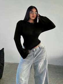 Flirla Versatile And Sexy Solid Color Bell Sleeve Plus Size Sweater Knit Pullover Fall Winter Autumn - Black - View 3