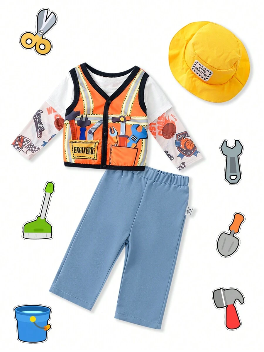 SHEIN Conjunto de 2 piezas de disfraz mecánico para niños pequeños con gorra, nuevo para otoño - Multicolor - Ver 1