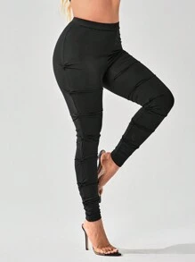SHEIN SXY Seasonal Autumn Clothing Comfort Leisure Fall Clothes Lift Buttocks Solid Flap Pocket Leggings - Black - View 3