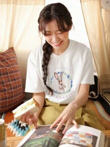 DAZY 女款白兔印花T恤 可爱上衣、图案T恤 - 杏色 - 查看 2