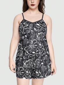 ROMWE Goth Plus Size Dark Skull & Snake Tank Top Pajama Set