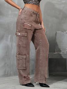 Quần jean denim rách có cúc có nhiều túi, để mặc thường ngày - Cà phê nâu - Xem 6