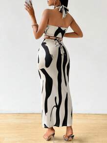 Zolique Women's Summer Vacation Set Printed Halter Vest And Long Skirt Apricot Two-Piece Set - Apricot - View 2