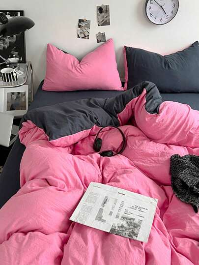 3pcs/Set Dorm/Bedroom Bedding Set, Including 1pc Duvet Cover & 2pcs Pillowcases, No Filler, Pink & Dark Grey, Machine Washable, Back To School Bedding