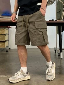 Manfinity LEGND 寬鬆版型男式附有口袋蓋和束口腰帶的貨物短褲 - 摩卡棕 - 查看 3