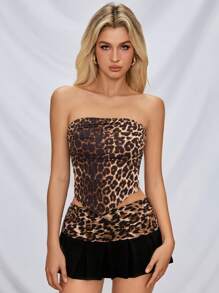 SHEIN Essnce Women's Leopard Print Bandeau Top - Brown - View 4