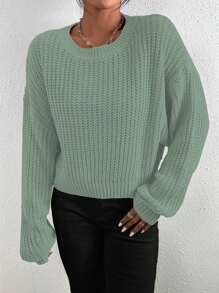 Chiquease Áo len chui đầu cổ tròn màu trơn đơn giản, thích hợp mặc hàng ngày, áo len dệt kim mùa thu đông. - màu xanh lá - Xem 6