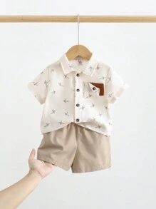 Cozy Pixies Baby Boy Color-Block Crane Pattern Polo Shirt And Casual Shorts Set - Apricot - View 3
