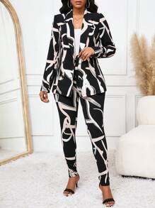 SHEIN Lady Women's Abstract Stripe Print Long Sleeve Blazer And Trousers Suit Set, Going Out Outfits Black And White Teacher Clothes Women Vintage Clothes