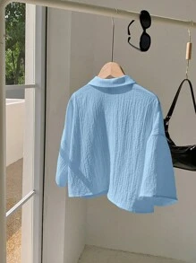 Comfortcana 藍色編織女士短袖休閒襯衫，腰間卡其長度 - 淺藍色 - 查看 2