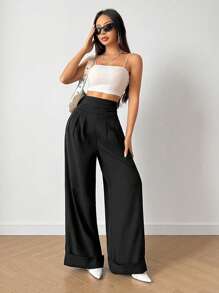 Pantalones largos extra casuales y minimalistas de unicolor para mujer - Negro - Ver 4