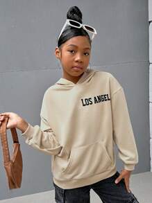 SHEIN Tween Girl Street Fashion Knitted Solid Color Round Neck Long Sleeve Pullover Sweatshirt,In Fall/Winter - Apricot - View 2