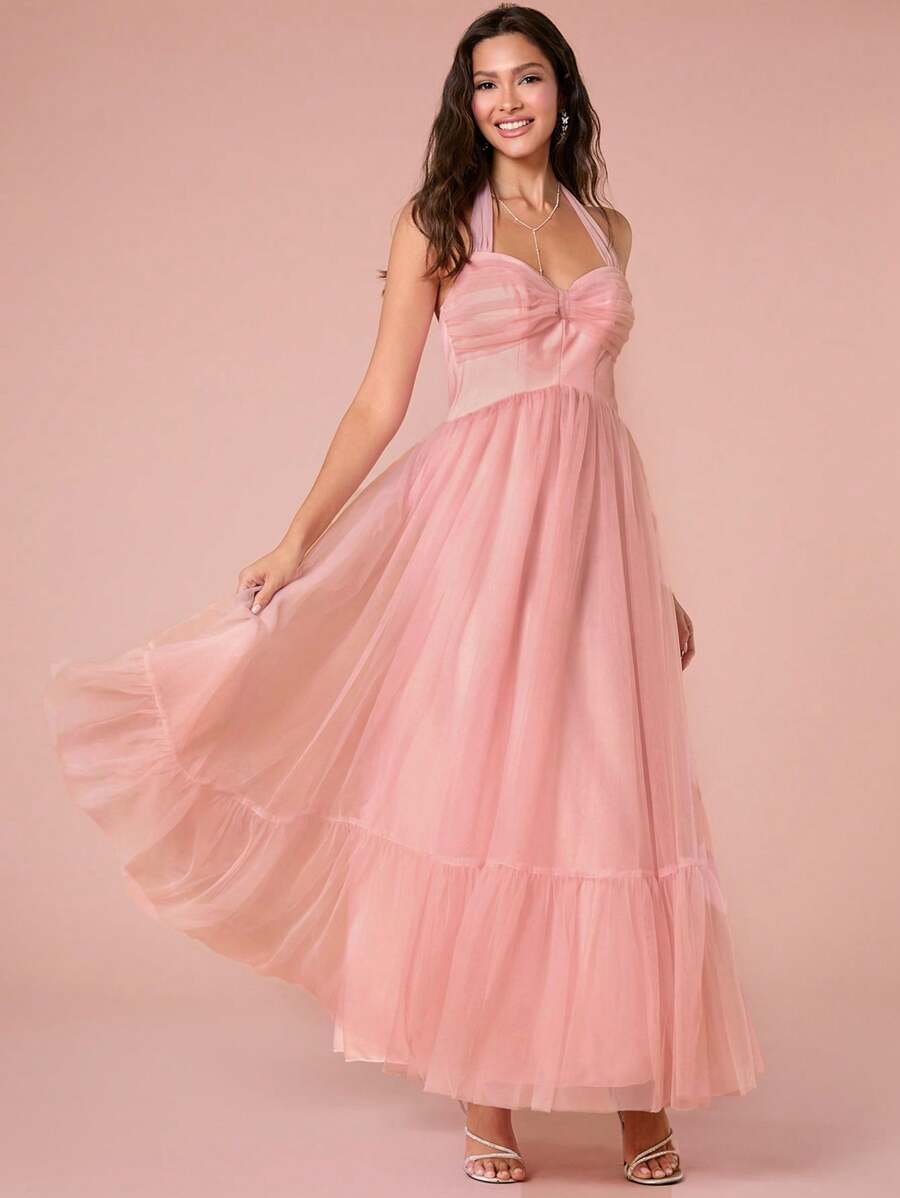 Enchnt Summer Pink Women's Slim-Fit Romantic Style Long Mesh Suspender Princess Dress,For Graduation Party,Cocktail And Prom  - Pink - View 1