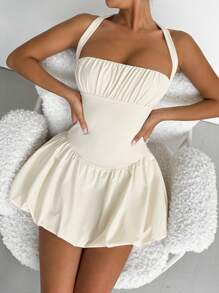 SHEIN Unity 泡泡花卉露背連衣裙 - 米色 - 查看 5