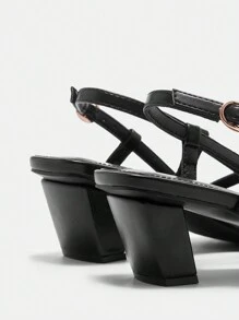 CUCCOO BIZCHIC Black Pu & Color-Contrasting Paint Large Square Buckle Decorated Women's Square Toe Chunky Heel Sandals Vacation Shoes Summer Elegant Basics Business Casual Business Chic Christmas Fall New Year Holiday - Black - View 7