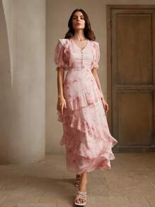 Anewsta Pink Printed Fairy Style Light And Airy French Vacation Puff Sleeve Dress With Ruffled Layers For Women, Spring/Summer Maxi Women Outfit - Pink - View 5
