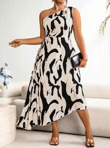 Celure Vestido de verano estampado informal con pliegues y hombros oblicuos para mujer de talla grande