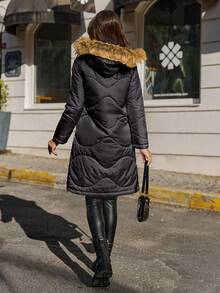 EURMUSE Fuzzy Trim Hooded Puffer Coat - Black - View 2