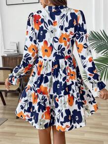 SHEIN LUNE Floral Print Notched Neck Ruffle Hem Smock Dress - Multicolor - View 2