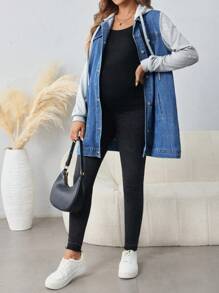 SHEIN 孕婦牛仔外套，休閒長款藍色短袖拼接款