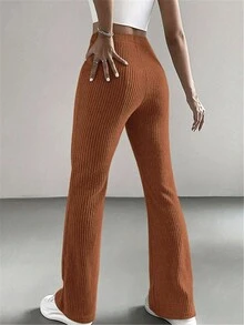Women Casual Plain Ribbed Flare Pants - Coral Orange - View 2