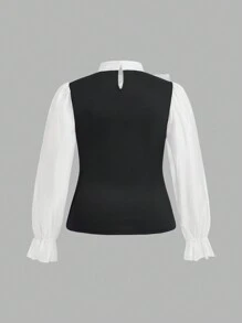 SHEIN Unity 加大彩色立领长袖衬衫，黑白衬衫 - 黑與白 - 查看 2