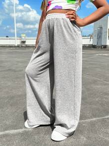SHEIN Tween 女童街头休闲针织拼色长款阔腿运动裤 - 灰色 - 查看 2