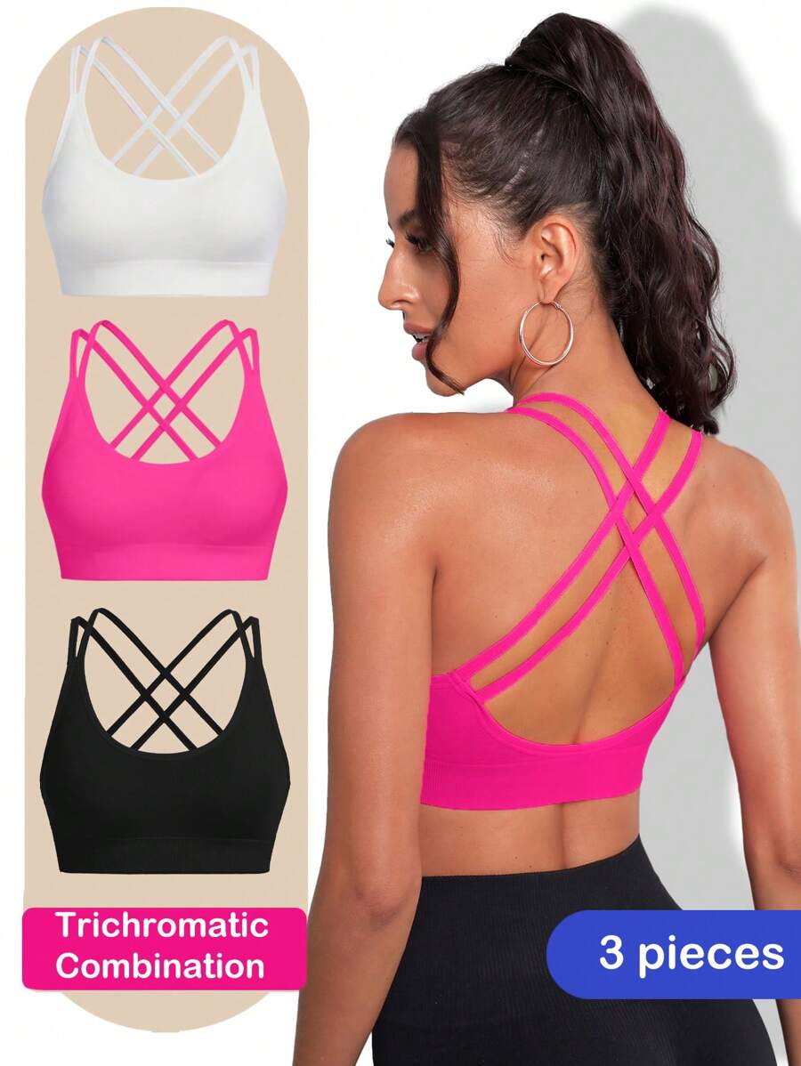 SHEIN Sport Studio Seamless High Elasticity Sports Bra With Back Cross Straps, Solid Color, Summer