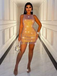 Zolique SHEIN SXY Women's Party Rhinestone Gorgeous Date Simple Daily Mesh Dress - Mauve Purple - View 4