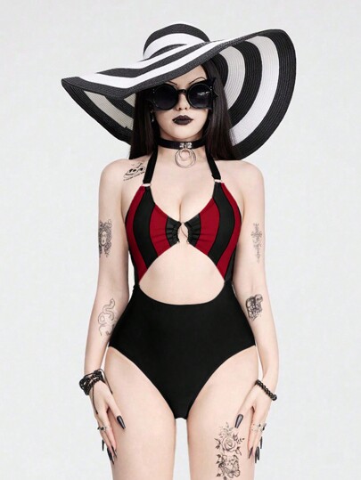 Goth Women's Black & Red Punk Rose Monokini, Hollow Out One-Piece Swimsuit, Casual For Spring/Summer Vacation, Beach, Party, Halloween