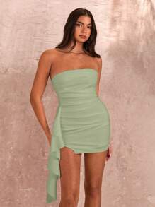 SHEIN BAE 女士夏季白色無肩帶性感連衣裙，眾多褶皺設計，高開叉，荷葉邊，腰部柔美折疊 - 薄荷綠 - 查看 7