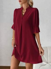 SHEIN Clasi Women Summer Casual Solid Color Notched Neck Dress Casual Red Dressburgundy Dress Womentunic Dress - Burgundy - View 3