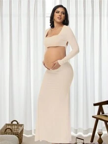 孕妇修身露背连衣裙，孕妇镂空方领长裙，适合拍照、迎婴派对等场合，长袖设计，春季款 - 米色 - 查看 4