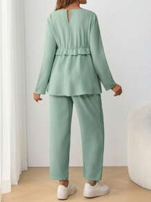 SHEIN 孕婦休閒圓領長袖T恤，帶有可調整彈性腰帶，2入組 - 綠色 - 查看 2