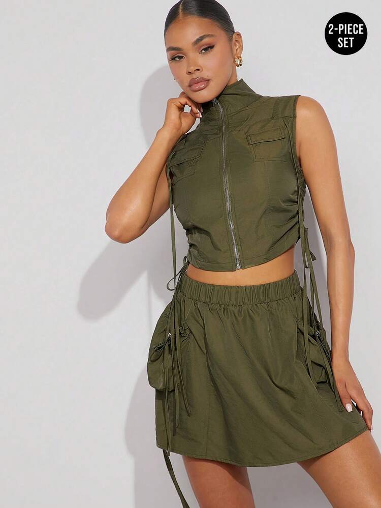 WOMEN Solid Color Sleeveless Cargo Style ZIPPER VEST And Skirt Two Pieces Set