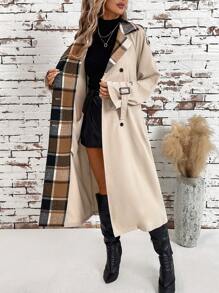 SHEIN Clasi Teacher Shirts Casual Women Dresses Business Women Clothes Long Sleeve Fall Shirt Old Money Style Back To School Clothes Plaid Collar Double-Breasted Peach Cinched Waist Women's Trench Halloween Fall Coat - Apricot - View 12