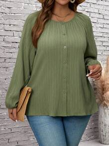 EMERY ROSE Blusa con botones al frente de manga larga en tela lisa para uso diario (tallas grandes)