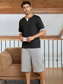 Conjunto de ropa de hogar para hombre, con camiseta de manga corta a bloques de color y shorts sólidos - Multicolor - Ver 5
