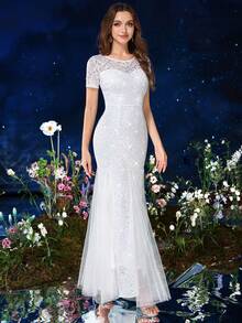 MIUSOL Vestido de gala de noche de longitud maxi formal con dobladillo de malla con inserciones de encaje y lentejuelas, elegante vestido de novia blanco para la boda - Blanco - Ver 5