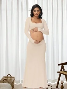 孕妇修身露背连衣裙，孕妇镂空方领长裙，适合拍照、迎婴派对等场合，长袖设计，春季款 - 米色 - 查看 1