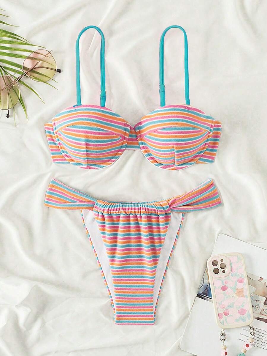 SHEIN Swim 女士条纹性感比基尼套装，适合夏季海滩，两件套比基尼套装 - 彩色 - 查看 1
