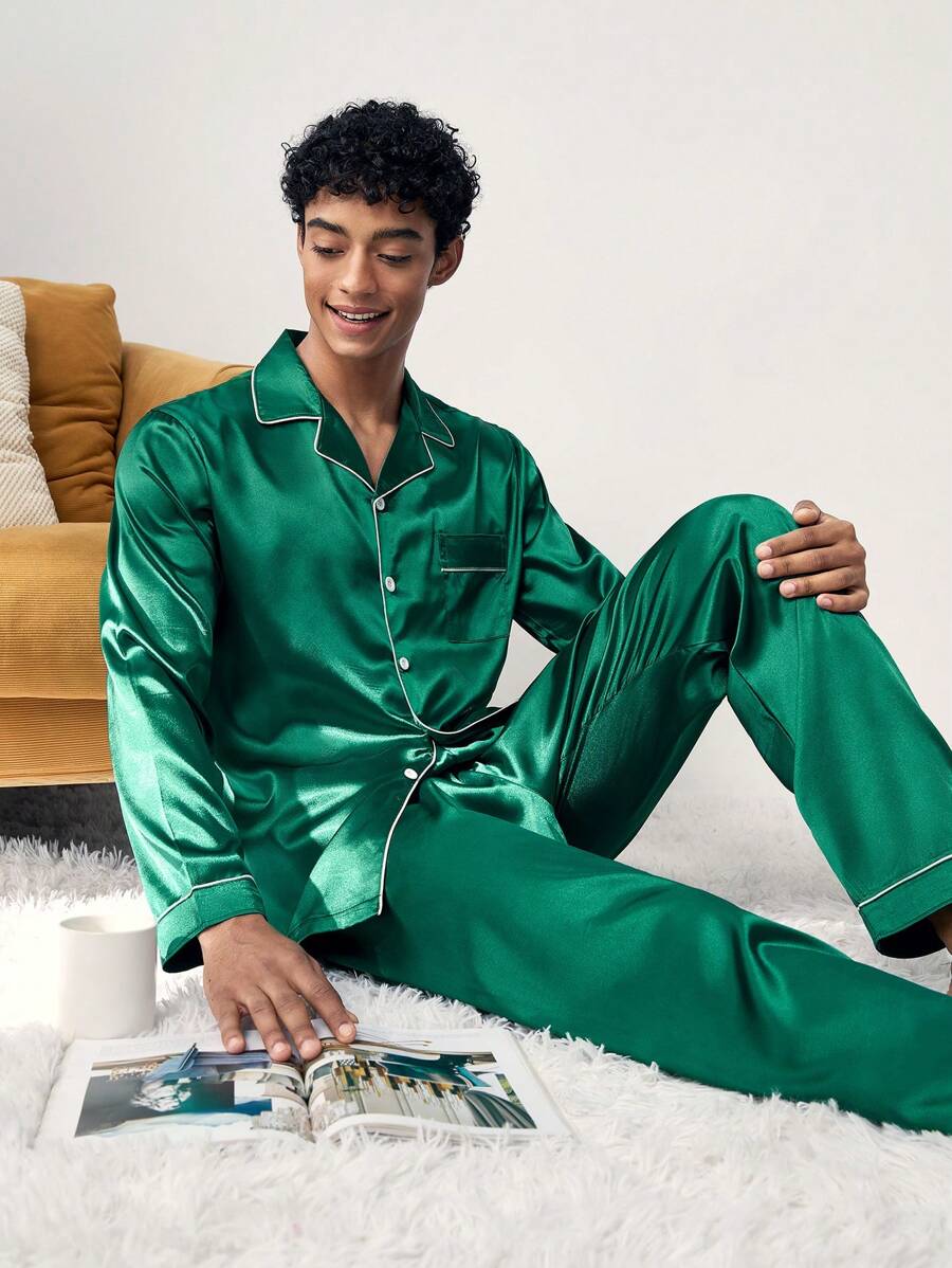 男士家居服套装：宽松长袖舒适衬衫，带领子、纽扣和口袋细节，搭配休闲条纹家居裤，秋冬服装 - 綠色 - 查看 1