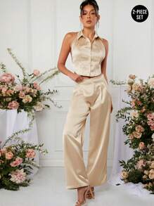 L'Amorae Pinstriped Halter Top & Pants Two Pieces Set - Mint Blue - View 7