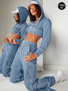 SHEIN Unity 撞色短款连帽衫和工装裤两件套 - 藍色 - 查看 7