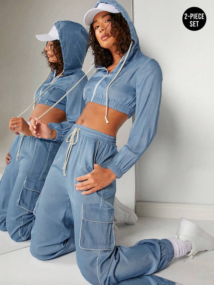 Contrast Crop Hoodie & Cargo Pants Two Pieces Set