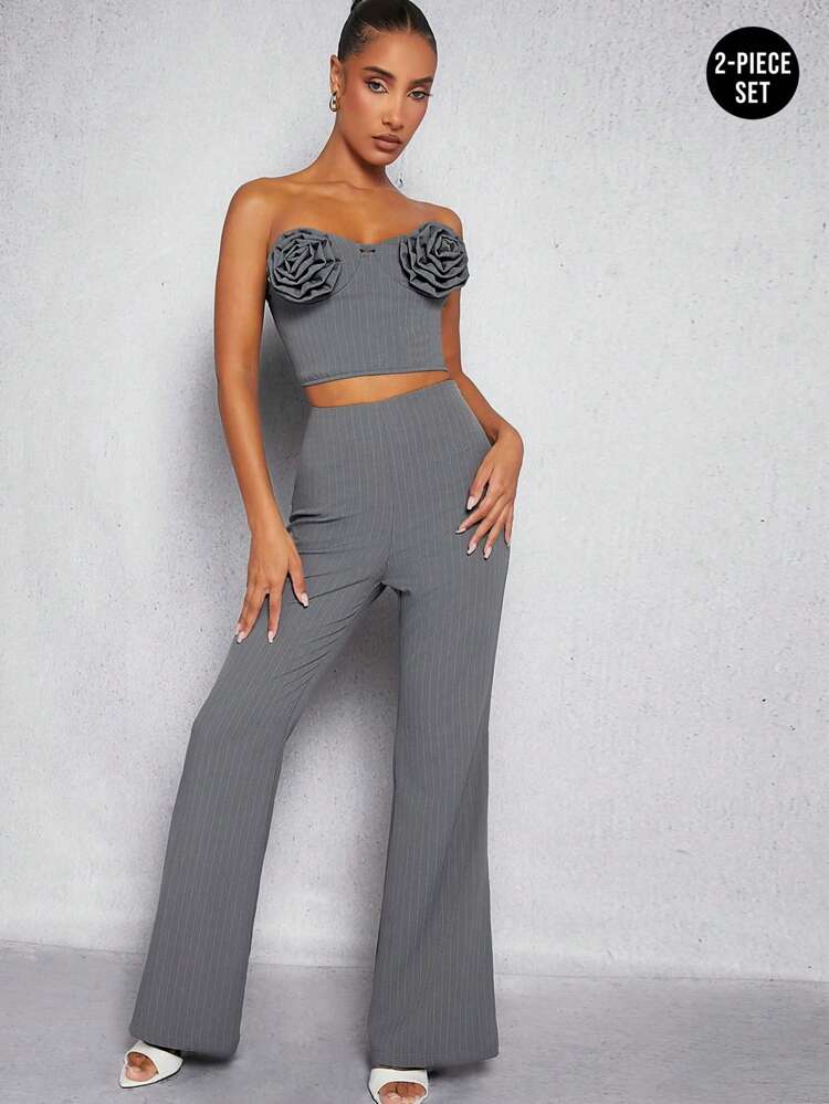 3D Rose Top & Pants Pinstripe Two Pieces Set