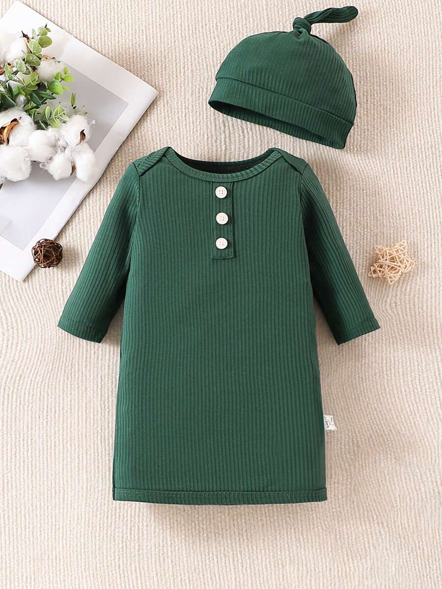 嬰兒女童深綠色極簡肋紋長袖睡衣裙配帽,家居服套裝 - 墨綠色 - 查看 1
